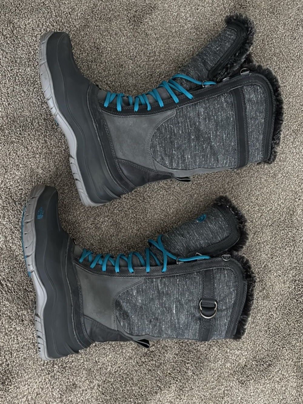 The North Face Women's Gray Winter Boots with Teal Laces